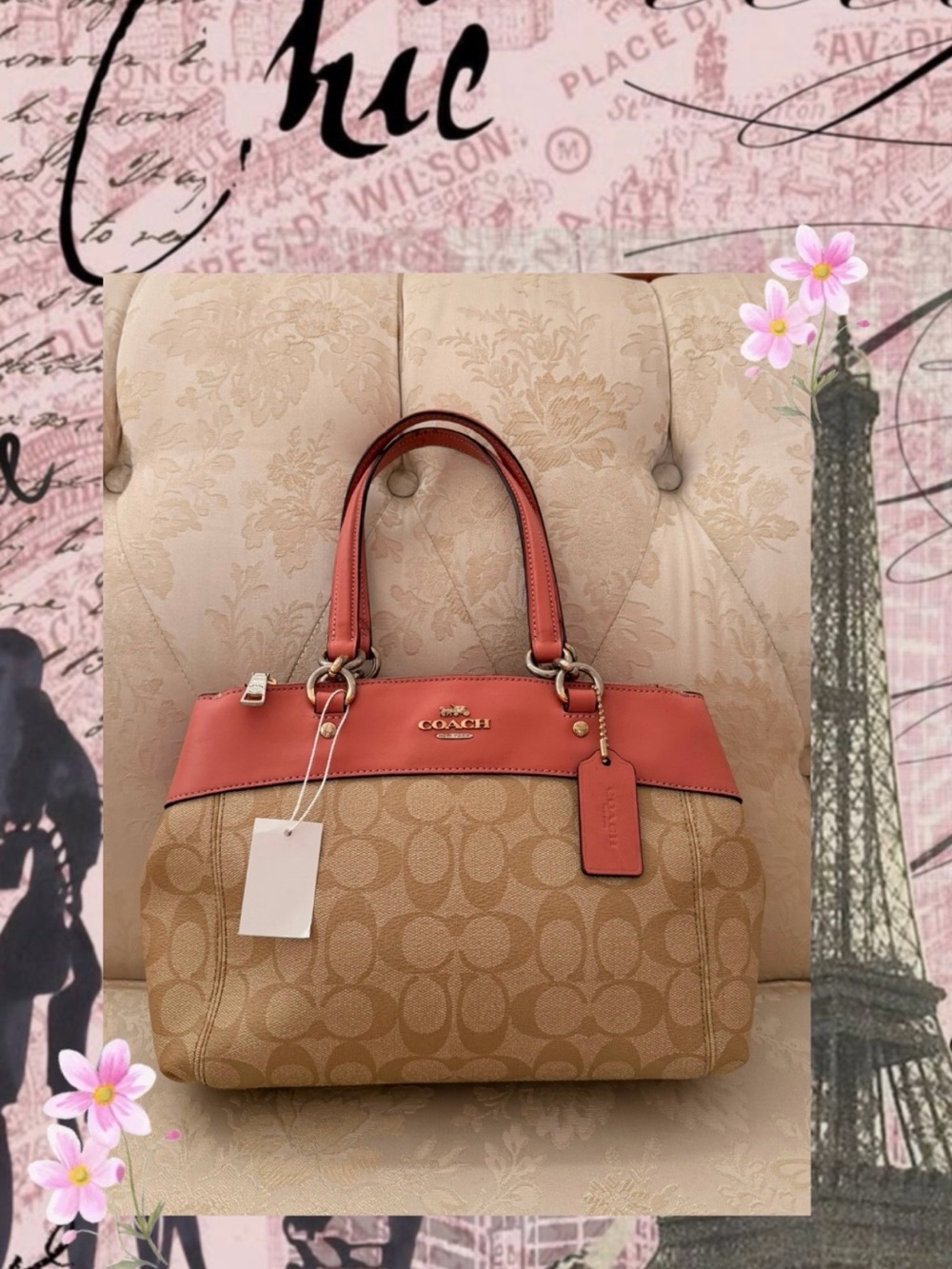 Coach Khaki Canvas Satchel with Coral Trim